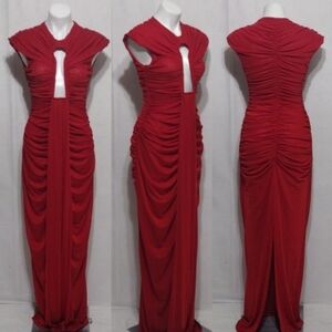 NWT Mew Mews Red Cutout Ruched Draped Maxi Dress Medium Hollow-Out Bodycon Glam